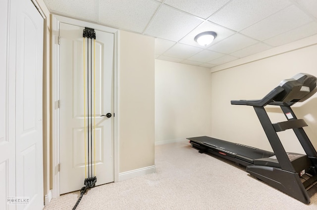 exercise room with carpet, baseboards, and a drop ceiling