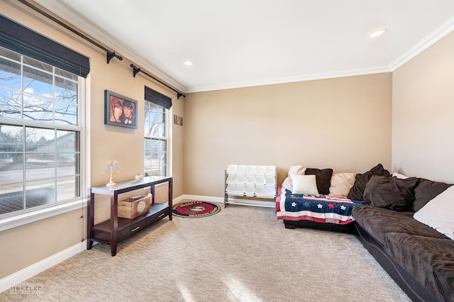 living area featuring light carpet, recessed lighting, baseboards, and ornamental molding