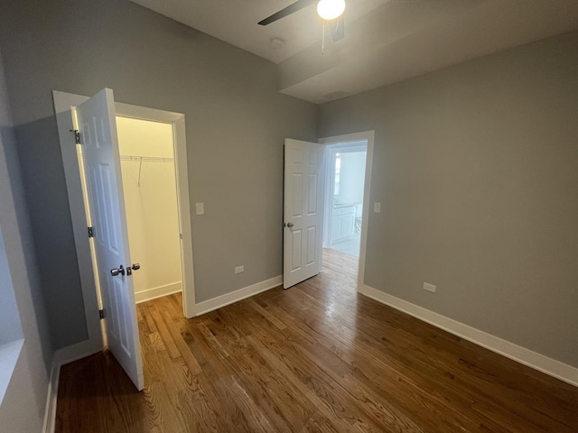 unfurnished bedroom with a spacious closet, a closet, ceiling fan, and wood-type flooring