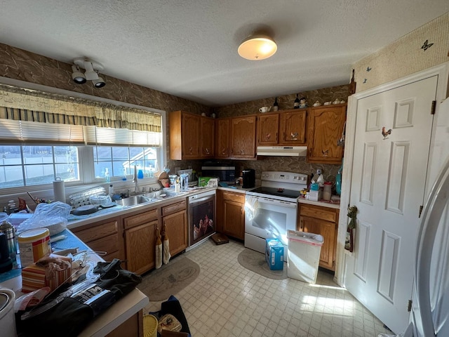 kitchen with decorative backsplash, a textured ceiling, white appliances, beverage cooler, and sink