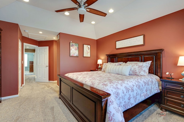 bedroom with ceiling fan, light carpet, and lofted ceiling