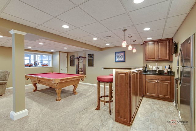 playroom featuring a drop ceiling, billiards, light carpet, and indoor bar