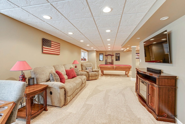 living room featuring pool table and carpet floors