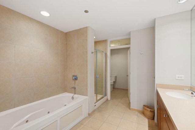 full bathroom featuring tile patterned flooring, vanity, independent shower and bath, and toilet