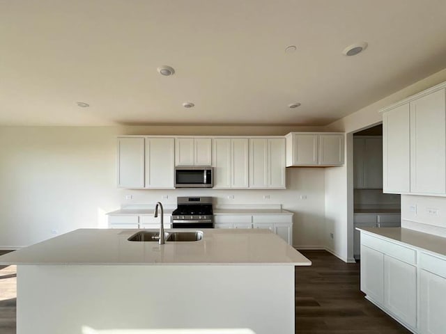 kitchen featuring sink, white cabinets, stainless steel appliances, and an island with sink