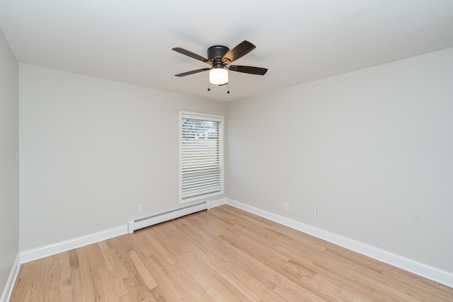 unfurnished room featuring light wood-type flooring, ceiling fan, and baseboard heating