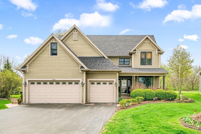 view of front facade featuring a shingled roof, an attached garage, driveway, and a front lawn