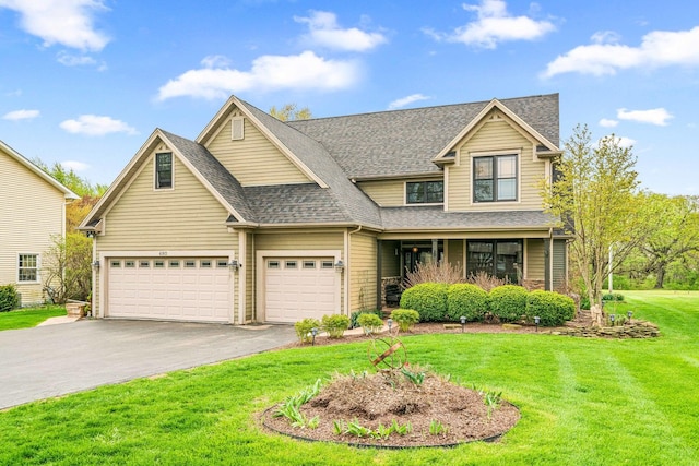 view of front of home featuring an attached garage, a shingled roof, driveway, and a front yard