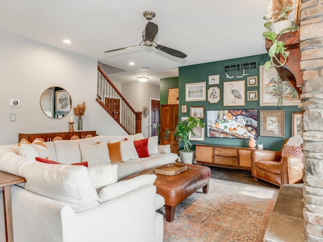 living room with visible vents, wood finished floors, stairway, recessed lighting, and a ceiling fan