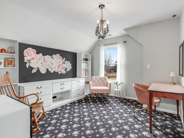 interior space with vaulted ceiling, carpet flooring, and a notable chandelier