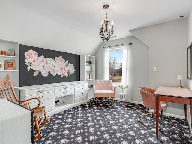interior space with carpet flooring, baseboards, a chandelier, and lofted ceiling