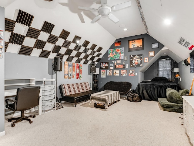 interior space with ceiling fan, lofted ceiling, and light carpet