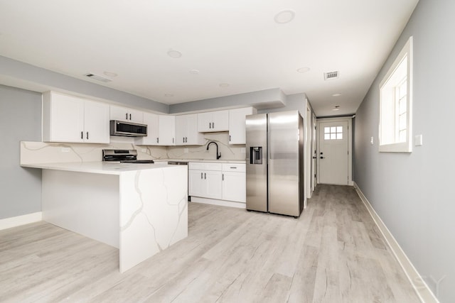 kitchen featuring kitchen peninsula, backsplash, stainless steel appliances, sink, and white cabinetry