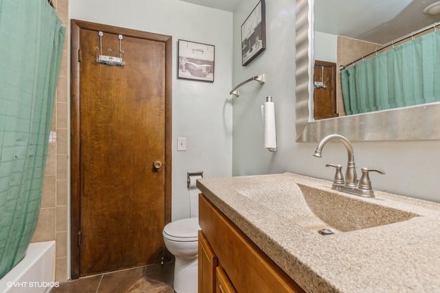 full bathroom with toilet, vanity, tile patterned flooring, and shower / bath combo with shower curtain