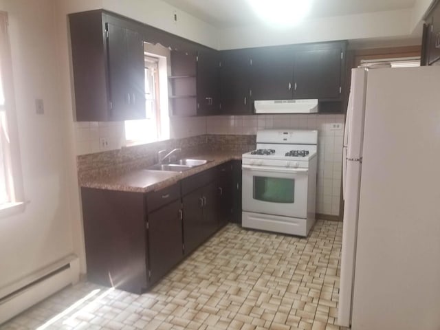 kitchen featuring sink, white appliances, backsplash, dark brown cabinetry, and a baseboard radiator