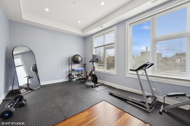 workout room featuring a raised ceiling and wood-type flooring