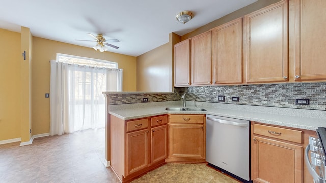 kitchen featuring light brown cabinetry, dishwasher, sink, backsplash, and ceiling fan