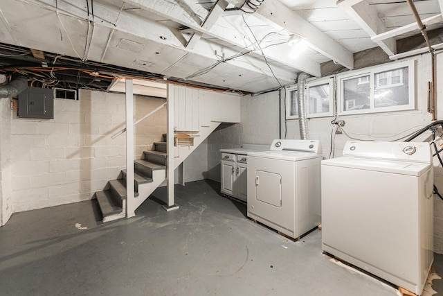 basement featuring electric panel and washer and dryer