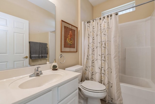 full bathroom with toilet, shower / bathtub combination with curtain, and vanity