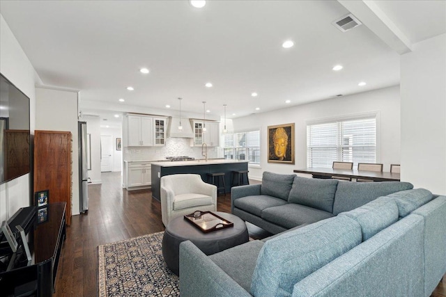 living room featuring dark hardwood / wood-style floors and sink