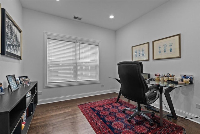 home office featuring dark wood-type flooring