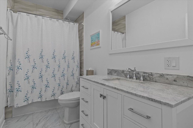 full bathroom with toilet, shower / bathtub combination with curtain, and vanity