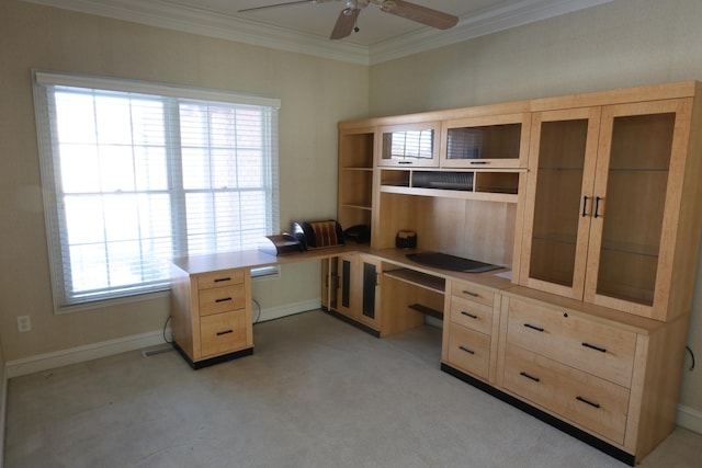 carpeted office featuring ornamental molding and ceiling fan