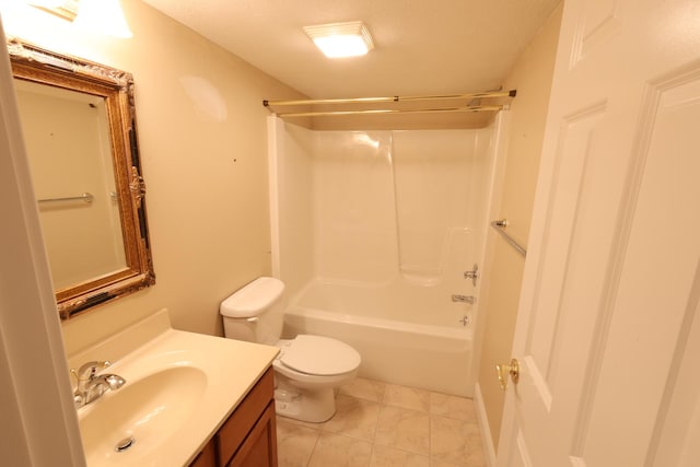 full bathroom featuring toilet, vanity, a textured ceiling, and bathtub / shower combination