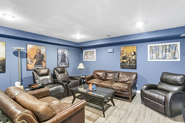 home theater featuring light hardwood / wood-style flooring