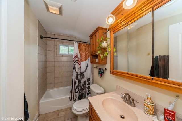 full bathroom with vanity, toilet, shower / bath combo with shower curtain, and vaulted ceiling