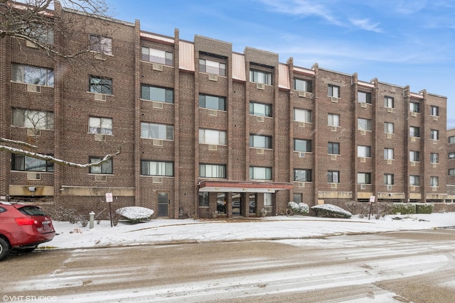 view of snow covered building