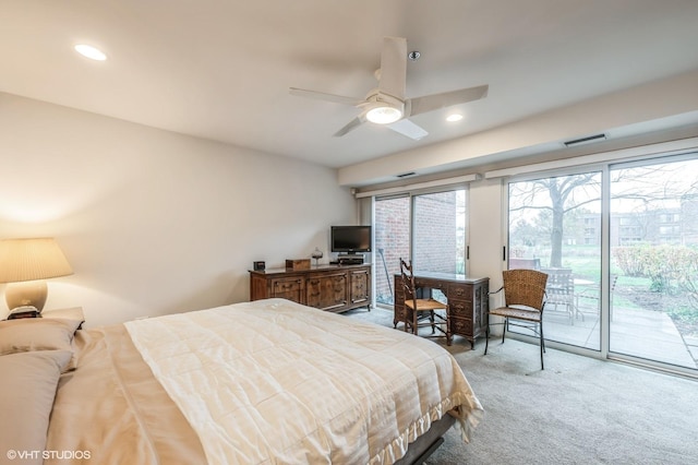 bedroom with access to exterior, ceiling fan, and carpet floors