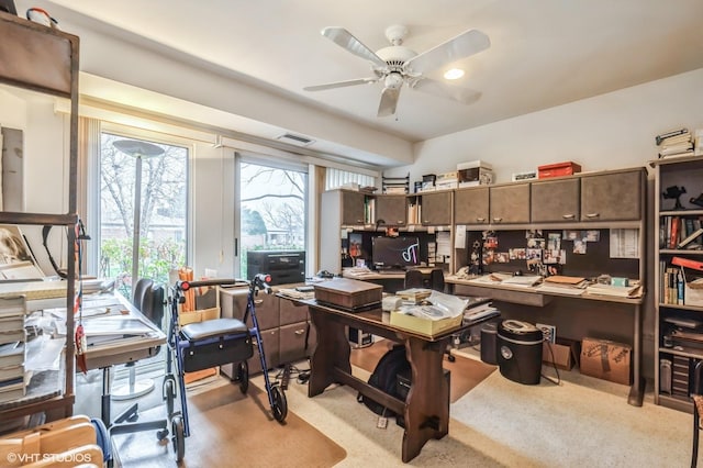 carpeted office with ceiling fan