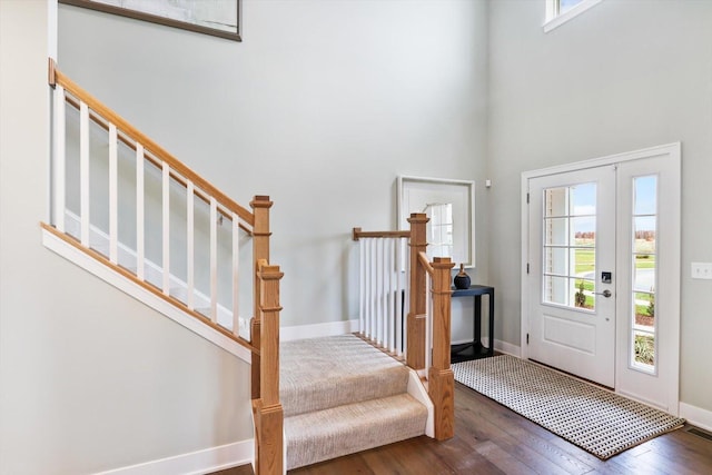 entrance foyer featuring a wealth of natural light, a towering ceiling, and wood-type flooring