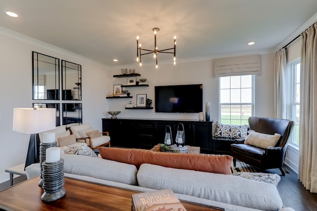 living room with hardwood / wood-style flooring, an inviting chandelier, and ornamental molding