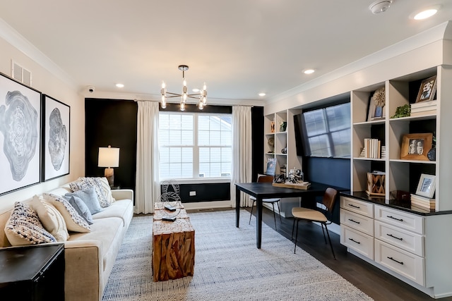 office area featuring ornamental molding, dark hardwood / wood-style floors, built in features, and a notable chandelier