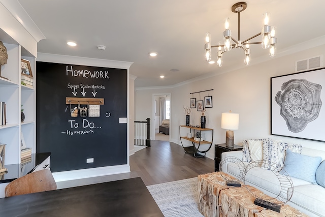 living room with dark wood-type flooring, an inviting chandelier, and crown molding