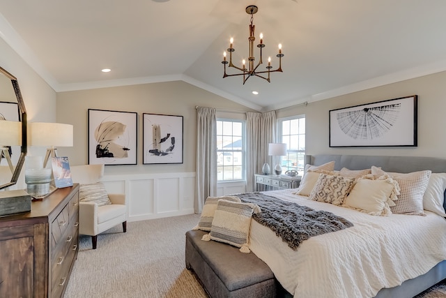 bedroom featuring light carpet, vaulted ceiling, crown molding, and a notable chandelier