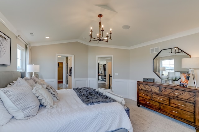 bedroom with a notable chandelier, crown molding, light carpet, and multiple windows