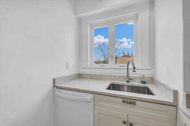 kitchen featuring white dishwasher, sink, and white cabinetry