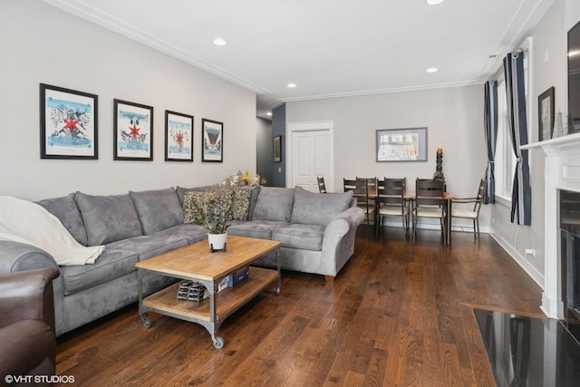 living room with dark hardwood / wood-style floors and crown molding