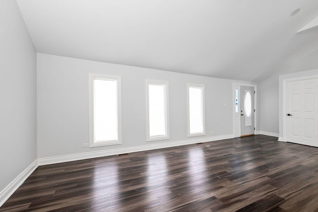 interior space featuring lofted ceiling, dark hardwood / wood-style flooring, and plenty of natural light