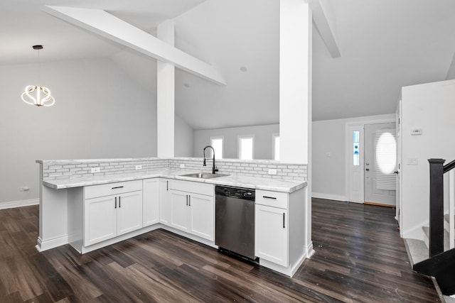 kitchen with white cabinetry, dishwasher, sink, hanging light fixtures, and kitchen peninsula