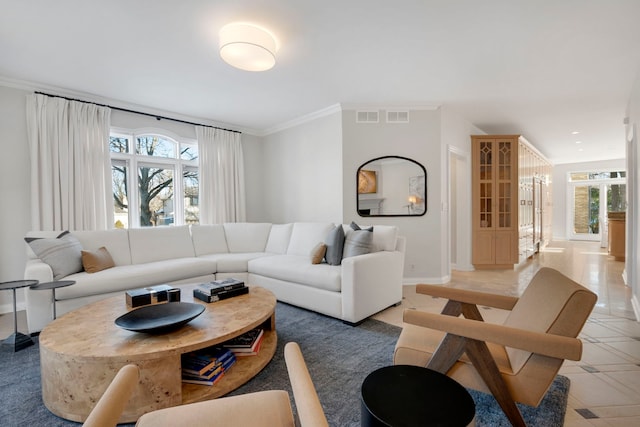 tiled living room with crown molding