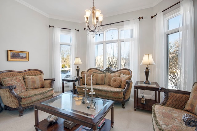 living room featuring a notable chandelier and crown molding