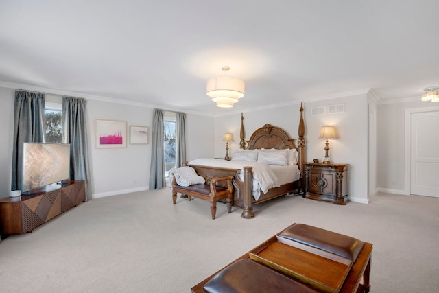 bedroom featuring crown molding and light carpet