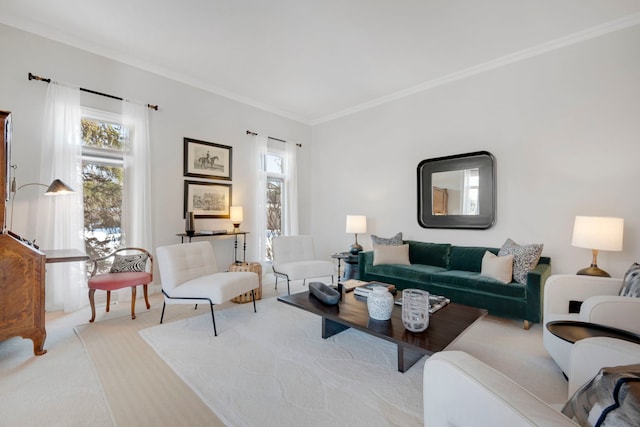 living room with light colored carpet and ornamental molding