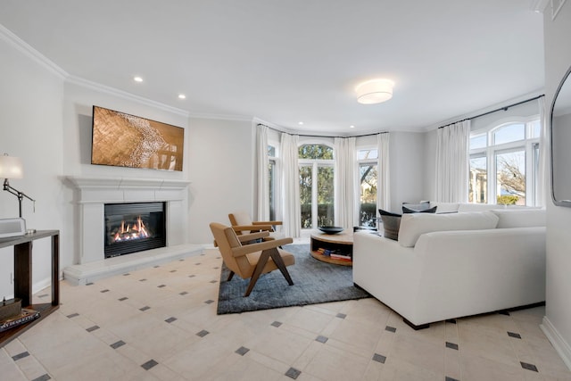 tiled living room featuring crown molding