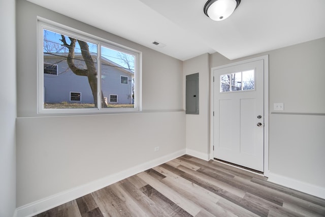 foyer entrance with electric panel, light hardwood / wood-style flooring, and a healthy amount of sunlight