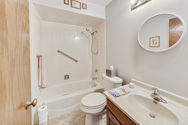 full bathroom with toilet, tiled shower / bath combo, and vanity